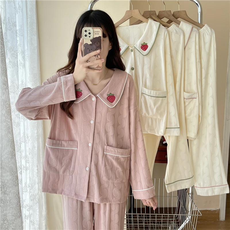 Autumn new pajamas women's milk silk jacquard lapel open chest casual sweet can be worn outside the home clothes 2-piece set