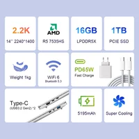Ninkear S14 PC Portable 14" 2.2K IPS AMD Ryzen 5 7535HS 16GB LPDDR5X 1TB SSD WiFi 6 BT5.3 1kg Ultra Léger Charge Rapide PD65W Empreinte Digitale Type-C Windows 11 2
