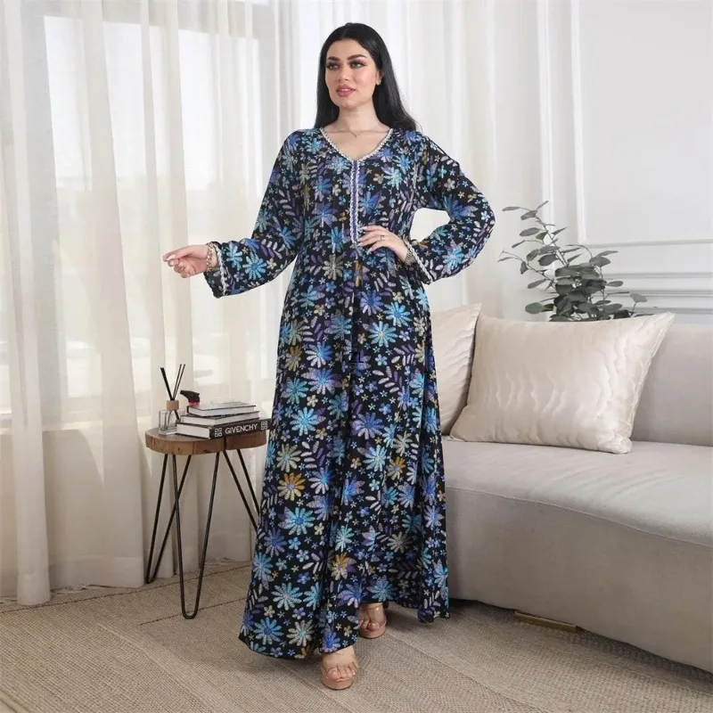 Turkish Abaya For Woman Chic Diamonds Printing Muslim Clothing Kuwaiti Loose Full Sleeve Dubai Moroccan Islamic Robe