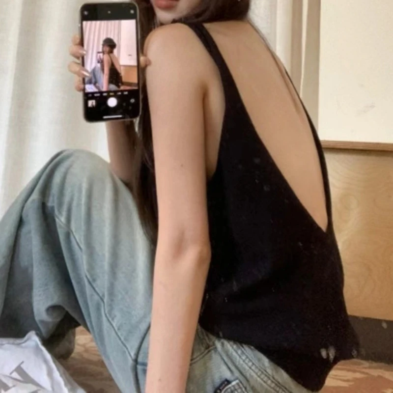 Sexy Tank Tops Loose Summer Pregnant Women Sleeveless T-shirts Solid Color Backless Homewear Top Bottoming Vest Black