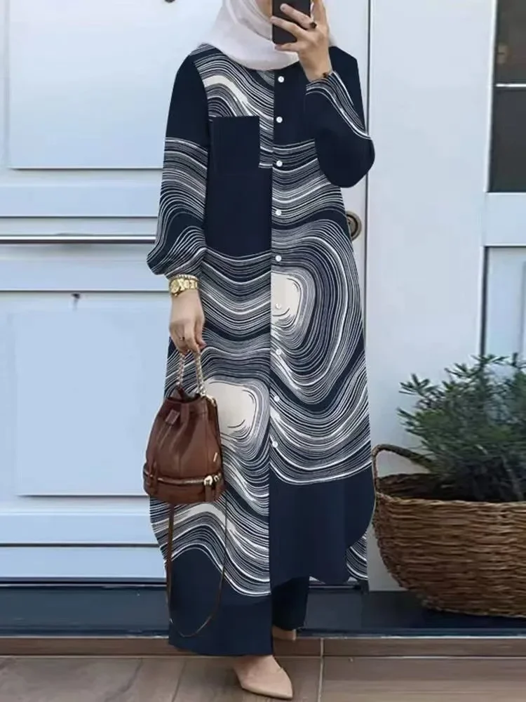 Temperament Collage Cardigan Long-sleeved Lapel Muslim Women's Suit