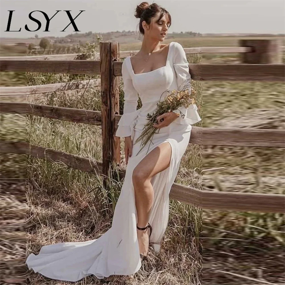 

Шифоновое платье-трапеция LSYX с квадратным вырезом, свадебное платье с длинными рукавами-фонариками, открытой спиной, высоким Боковым Разрезом, со шлейфом, индивидуальный пошив