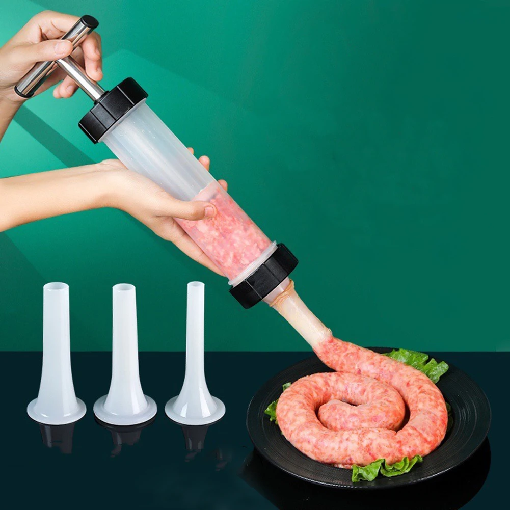 Manual Sausage Stuffing Machine with 3 Filling Nozzles Sausage Syringe  Suitable for Family Gatherings and Barbecues