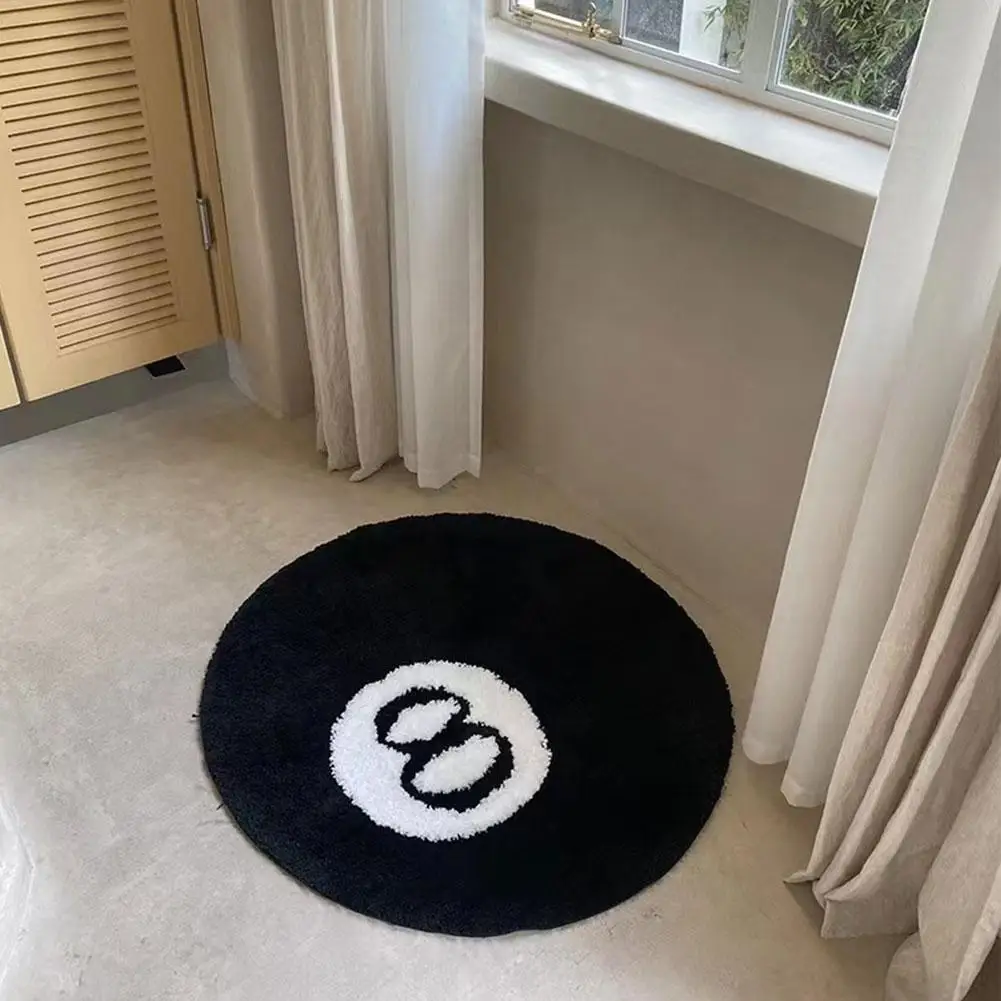 Simulation Billiards 8 Ball Rug Round Tufting Soft Chair Pad Anti-slip Bath Floor Mat Kids Bedroom Black Carpet 2023