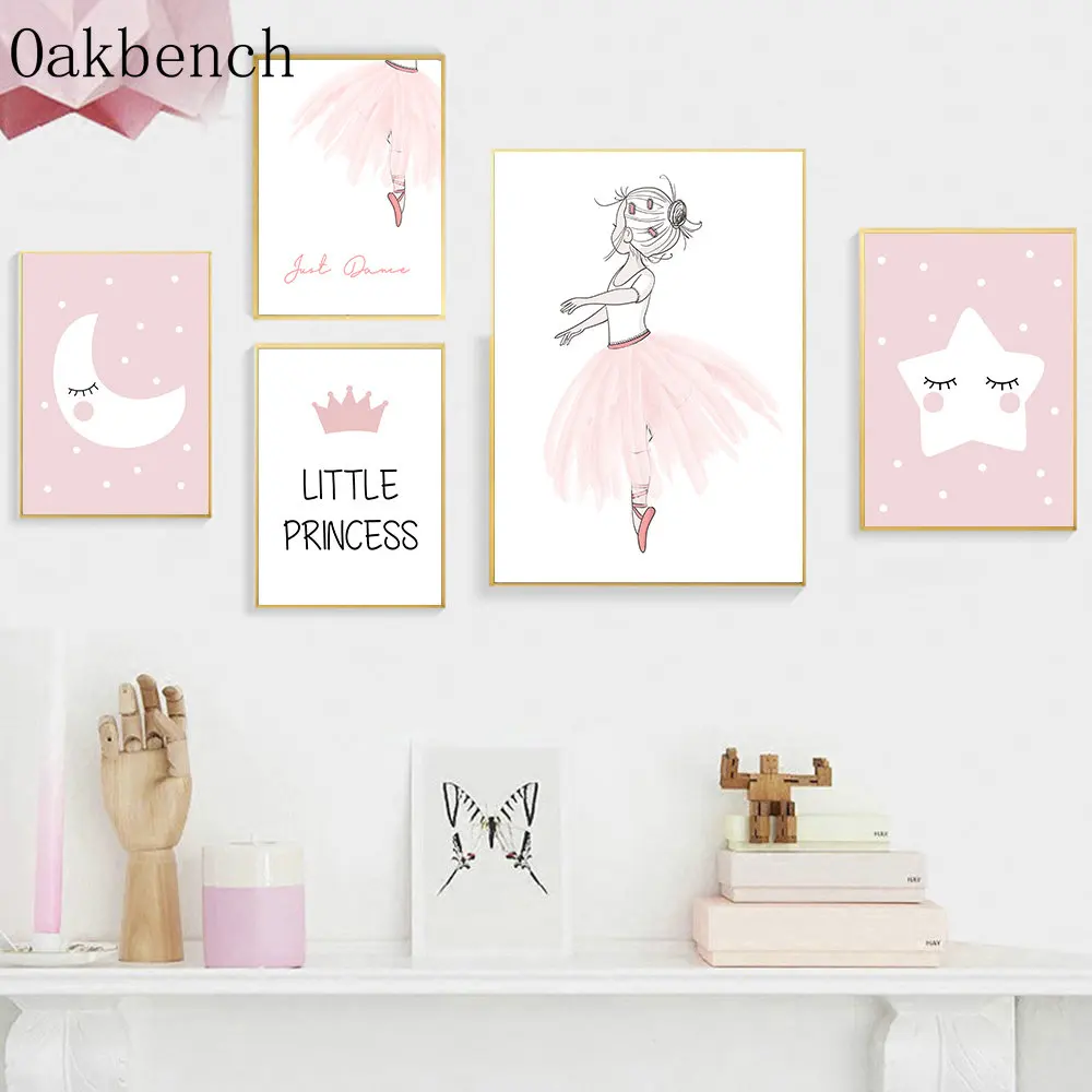 

Pink Wall Paintings Ballet Girl Canvas Poster Moon Star Painting Poster Dress Wall Art Nursery Posters Kids Girls Bedroom Decor