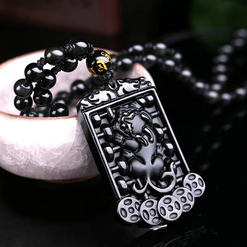 

Природный обсидиан дракон нефрит кулон бусины ожерелье очаровательные ювелирные изделия Модные аксессуары ручной резки мужской счастливый амулет подарки