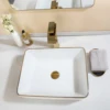 KEMAIDI 19" Ceramic White Vessel Sink with Gold Trim Porcelain Bathroom Marbled Rectangular Above Counter Bathroom Sink Faucet 2