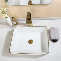 KEMAIDI 19" Ceramic White Vessel Sink with Gold Trim Porcelain Bathroom Marbled Rectangular Above Counter Bathroom Sink Faucet 2