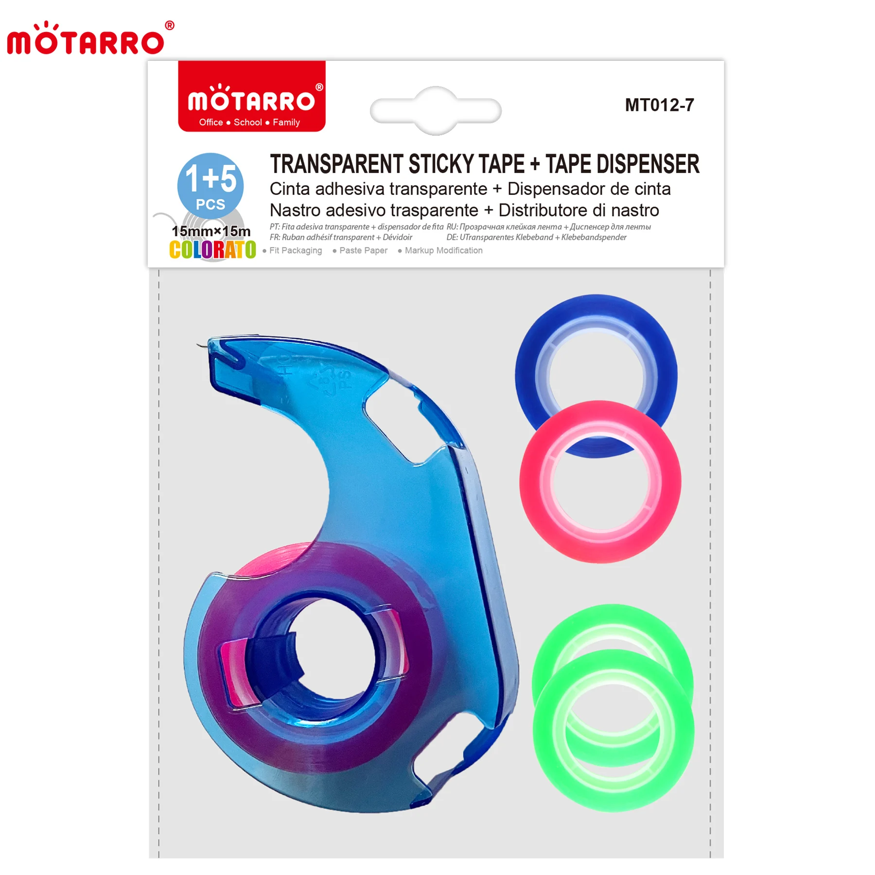 MOTARRO Portable Tape Cutter 15MM*15M with 5 Rolls of Colored Tape Storage Cutting Seat Dispenser Holder
