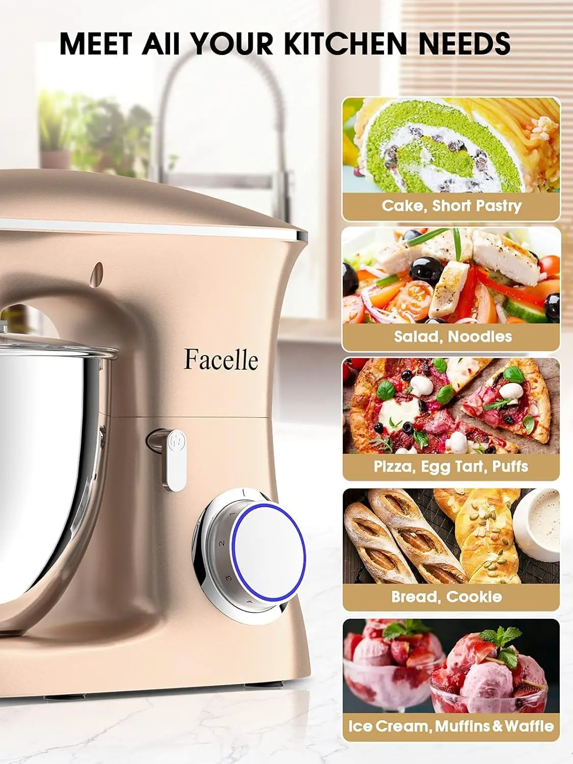 Kitchen Electric Stand Mixer, Facelle Cake Mixer for Baking 6-Speed 660W Tilt-Head Food Mixer with Beater, Dough Hook and Wire W 6