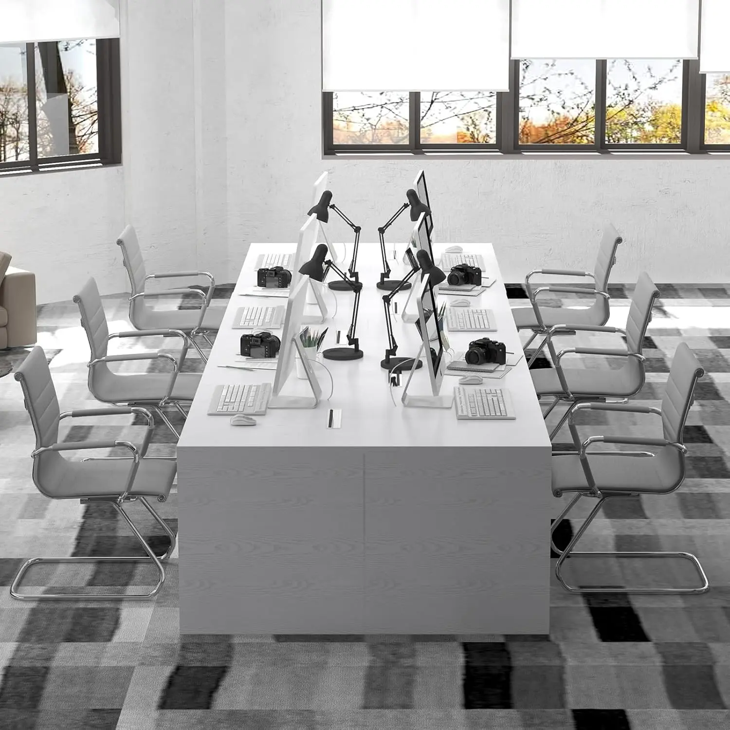 Office Desk Chair Set of 8,No Wheels PU Leather Computer Chairs Mid Back Guest Chairs with Seld Base for School/Reception/Confer 4