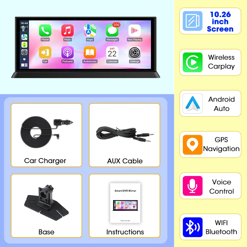 מסך CarPlay נייד אלחוטי בגודל 10.26/11.26 אינץ', רדיו לרכב עם נגן מולטימדיה, תומך ב-Android Auto, מסך IPS, מערכת רכב חכמה​