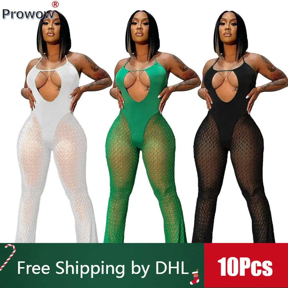 

10Pcs Bulk Solid Jumpsuit Women 2023 Summer Sexy Halter Romper See-through Mesh Wide Leg Pants Nightclub Overalls Wholesale 8430