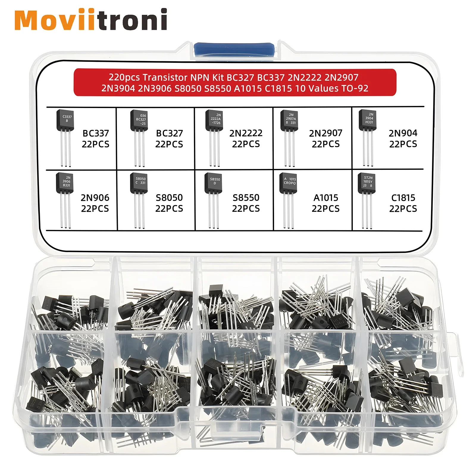 Transistor Kit BC327 BC337 2N2222 2N2907 2N3904 2N3906 S8050 S8550 A1015 C1815 PNP/NPN 10 Values TO-92 Assortment Set 100/220pcs