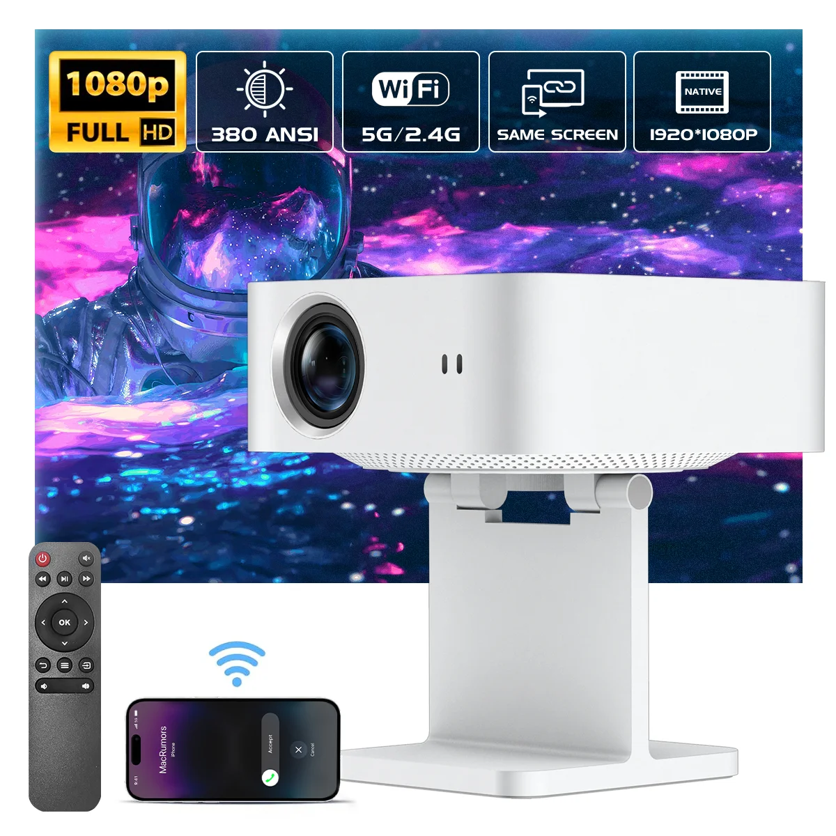 HD 380 Lumens 1080P Projector Native Dual Core CPU WiFi BT5.0 Indoor Outdoor Cinema Android IOS Dual System Upgraded Projector