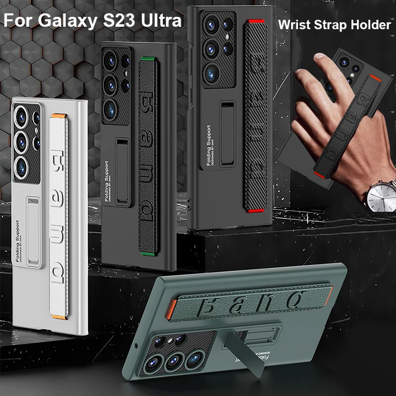 

Wrist Strap Holder Kickstand Case For Samsung Galaxy S23 Ultra S23 Plus Carbon Fiber Shockproof Matte PC Camera Protector Cover
