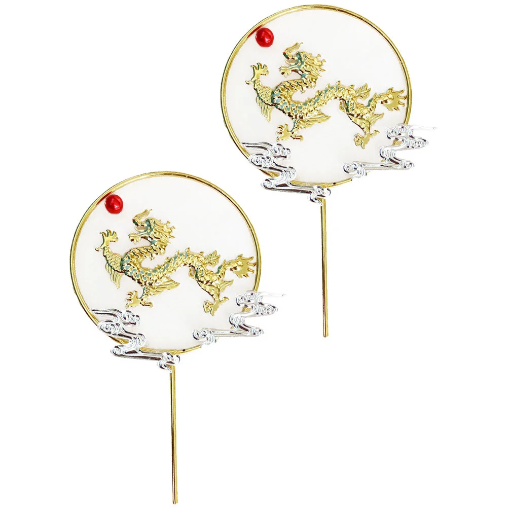 

2PCS Cake Topper Wrought Playing Beads Cupcake Topper Chinese Fan Pattern Dessert Picks for Home Shop Golden
