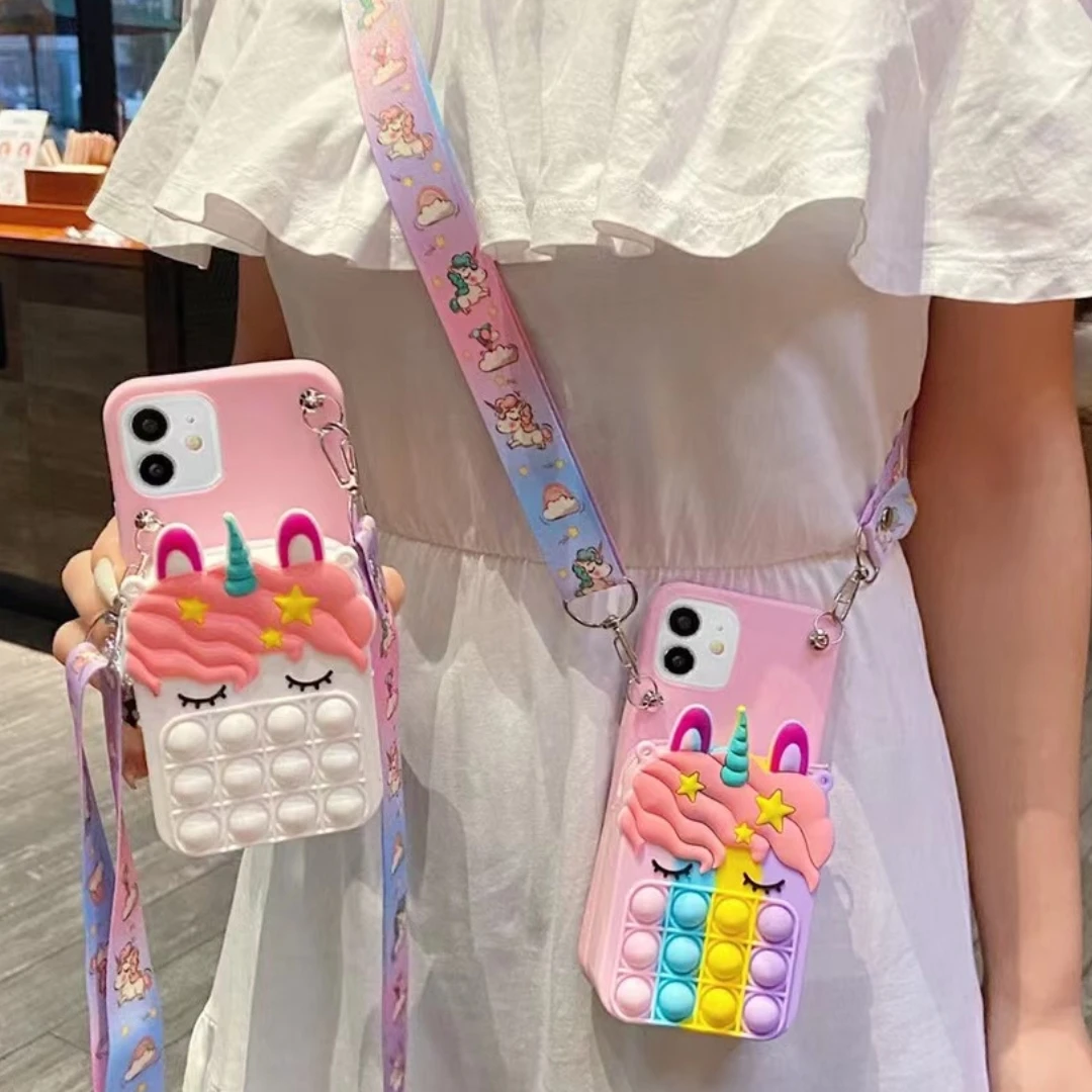 Unicorn 3D Cartoon Zipper Wallet Phone Case with Lanyard Strap and Bubble Design