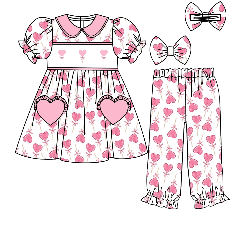 

Valentine's Day boutique child set short-sleeved elastic heart printed trousers elastic girl shorts bow girl boy suit trousers