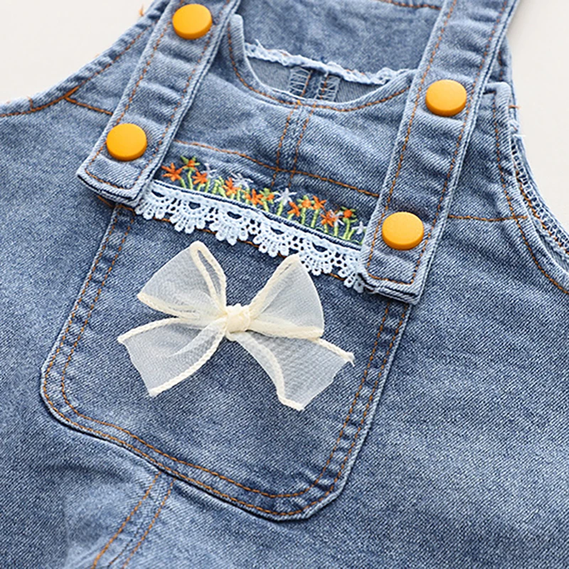Girls Cute Flower Blouse Denim Overalls Set