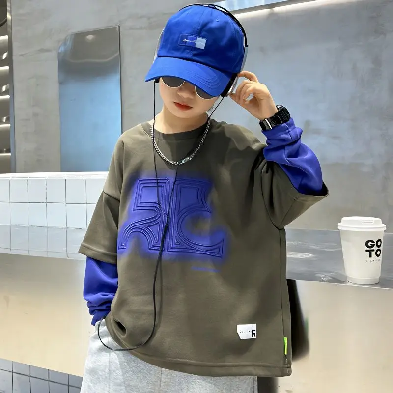 

Teen Boys' Fake Two Piece Sweater Long Sleeve Top Spring Autumn 2023 Patchwork Contrast Color Loose Fashion 5-14 Years Old