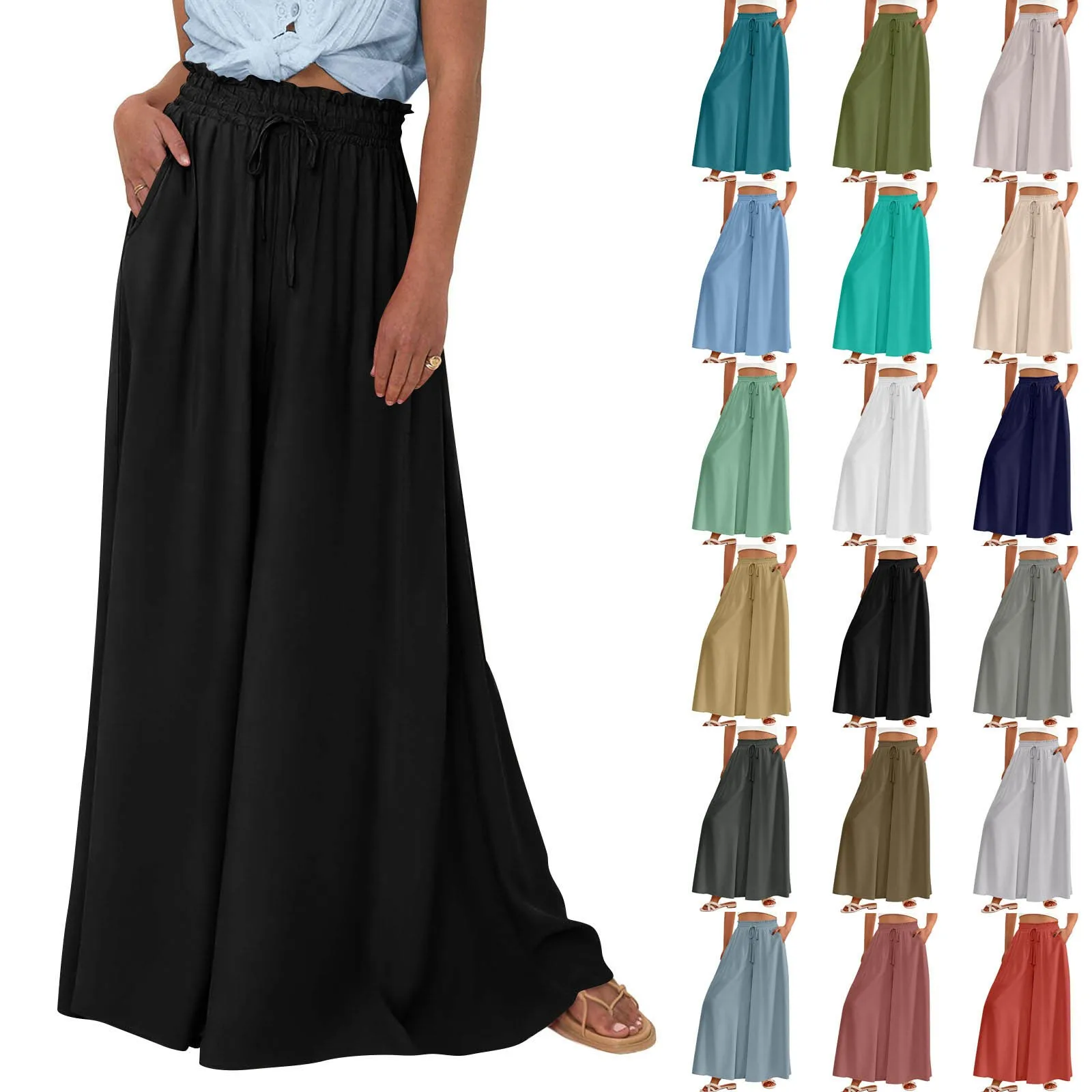 

Women High Waisted Wide Leg Pants Summer Casual Flowy Palazzo Pants Comfortable Solid Beach Trousers With Pocket ropa para mujer