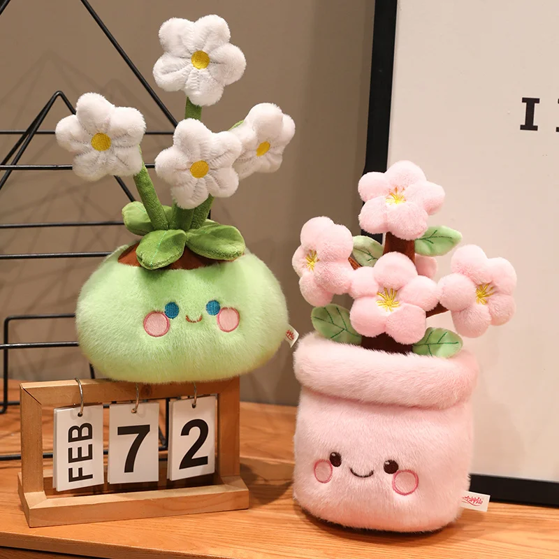 귀여운 얼굴의 화분에 심은 꽃 플러시 장난감 인형 화분 화이트 나르시스 핑크 복숭아꽃 장식 소품 선물