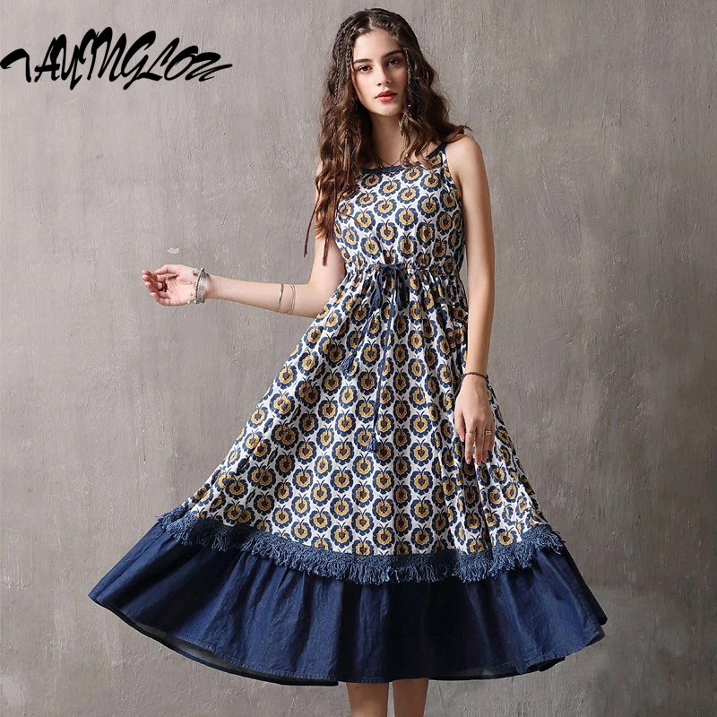 

Women Clothing 2023 Summer Drawstring Denim Vestidos Retro Boho Printed Female Dresses Suspenders Big Swing Sexy Lady Dress