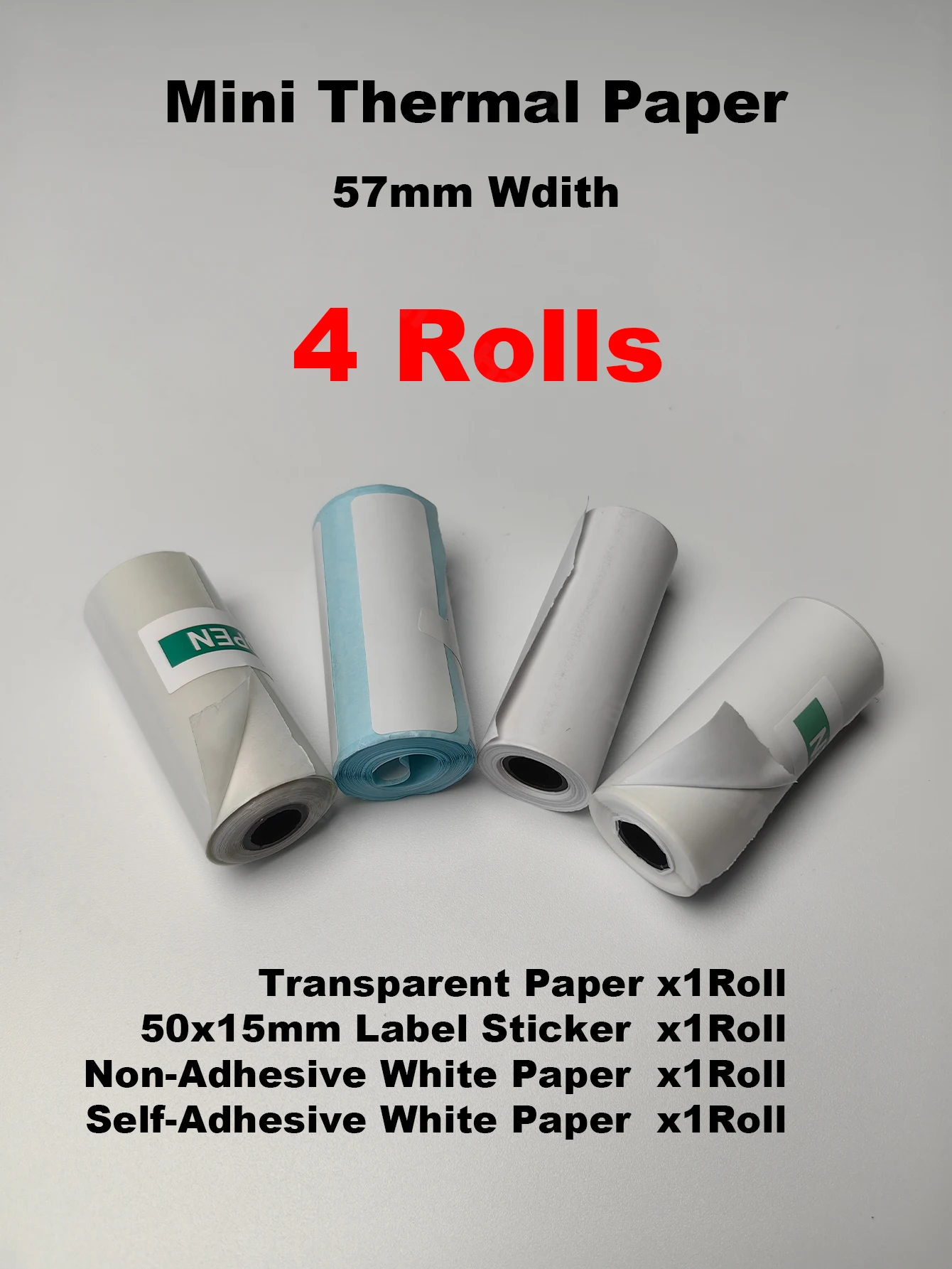 미니 열전사 프린터용 투명 스티커, 흰색 투명 스티커, 빈 사진 용지, BPA 프리, 4 롤, 57mm 너비