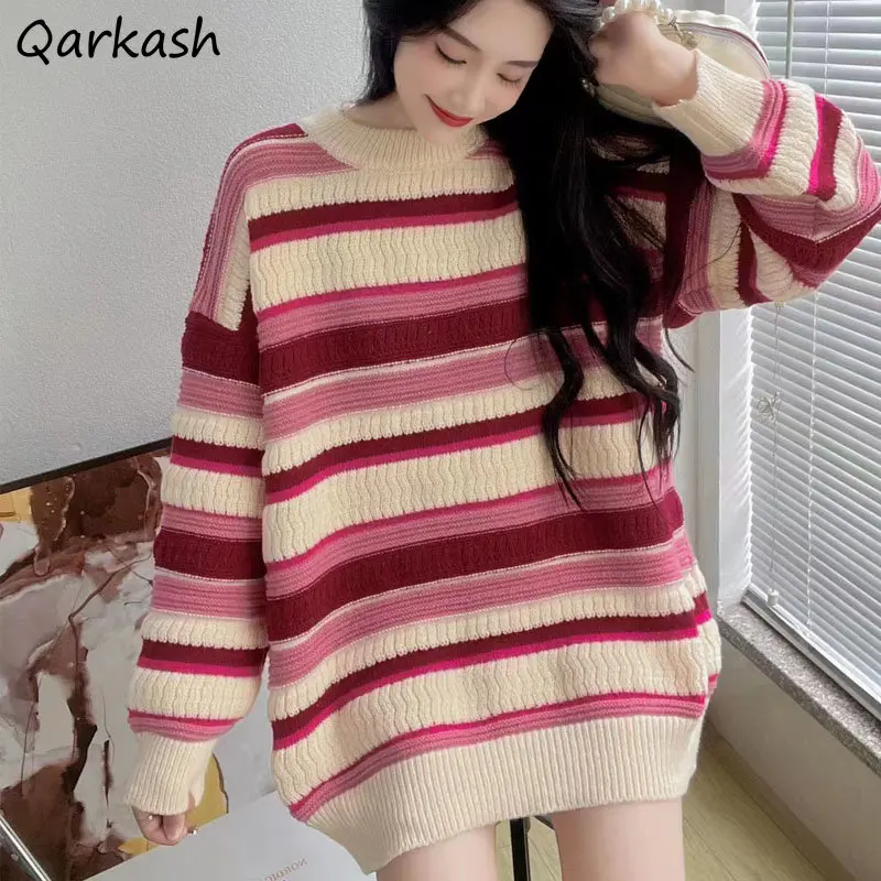 

Striped Panelled Sweaters Pullovers Women O-neck Baggy S-3xl Korean Fashion Preppy Sweet College Knitwear Girlish Lovely Casual