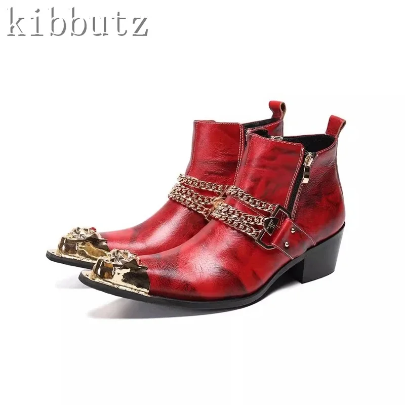 Man Genuine Leather High Heels Pointed Toe Boots Metal Capped Toe Chain Decoration Ankle Boots Fashion Party Wedding Shoes