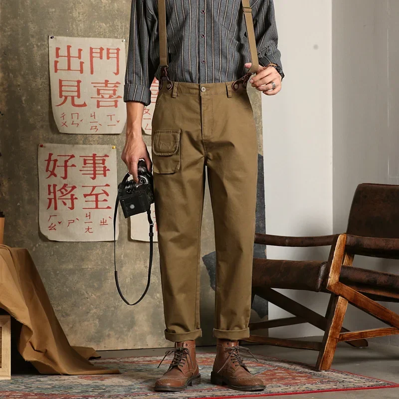 Japanese Casual Overalls Men's Youth Elastic Suspenders Khaki