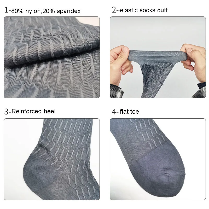 6 Pairs Large Brand Man Polyamide Silk Socks Luxury High Quality Thin Men's Stockings Fashion Jacquard Wave Long Sheer Socks