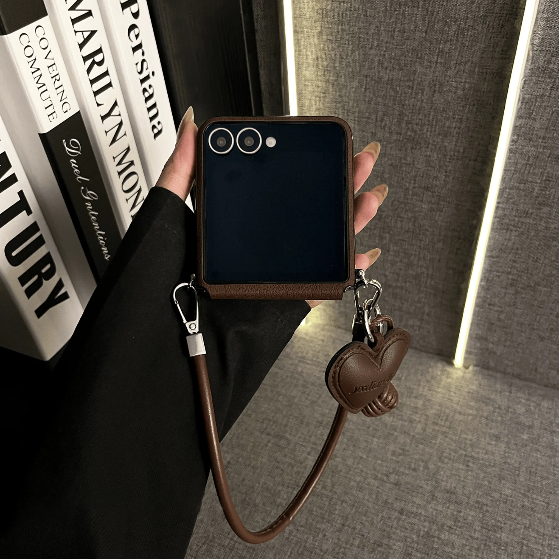 Luxury Brown Moon Pattern Magnetic Phone Case with Leather Heart Pendant
