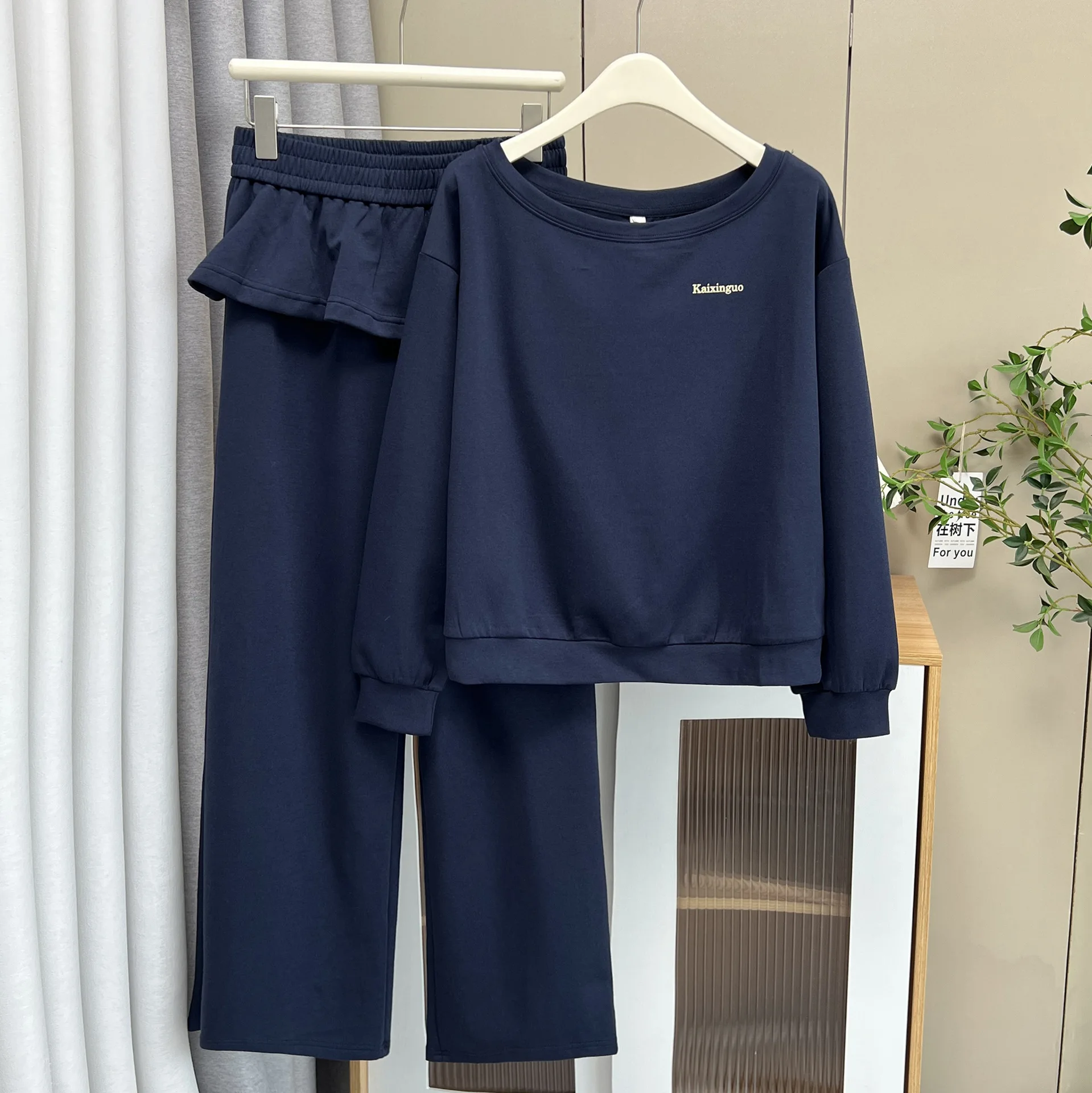 XXXXL Fashion Plus Size Women's Sets 2025 Autumn New Style Navy Blue Hoodie And Trousers Two Pieces Set