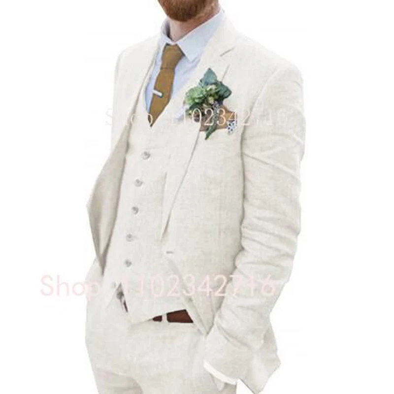 Costume Homme 3 Piece Linen Men Suits 2023 Groom Tuxedo for Wedding Groomsman Summer Beach Male Suit (Jacket+Pants+Vest) Terno 2