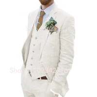 Costume Homme 3 Piece Linen Men Suits 2023 Groom Tuxedo for Wedding Groomsman Summer Beach Male Suit (Jacket+Pants+Vest) Terno 2