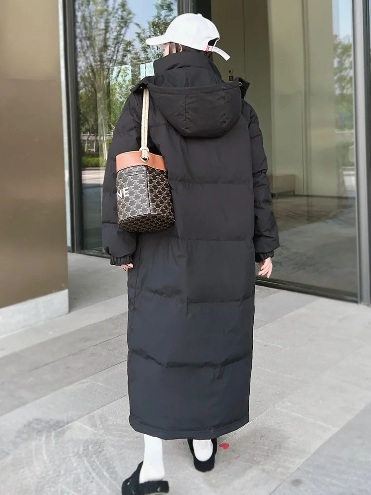 Long below the Knee down Jacket Unisex Thickened Winter New White Duck down Black Hooded Loose Extended Coat