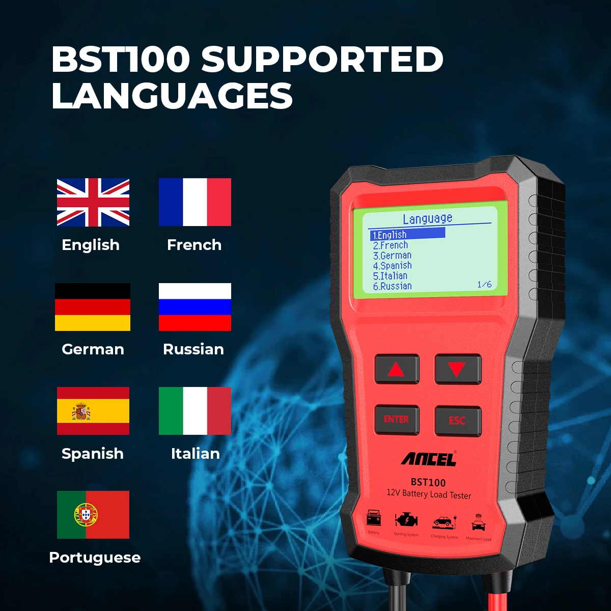 Testeur De Batterie Voiture BST100 - Analyse 12V, CCA, AH, Résistance, Affichage Graphique Tension