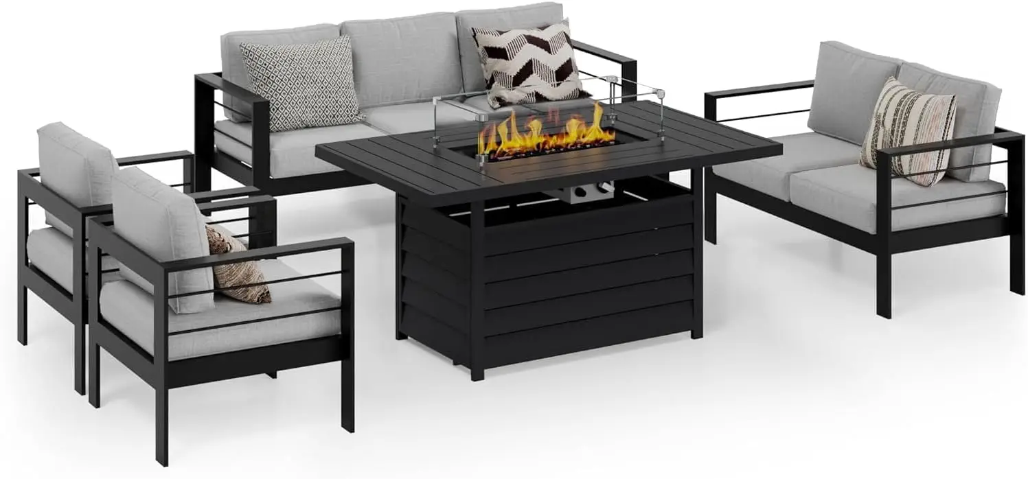 Aluminum Patio Furniture Set, 7 Seats Metal Outdoor Furniture Set with 54 Inch Propane Gas Fire Pit Table, Patio Conversation