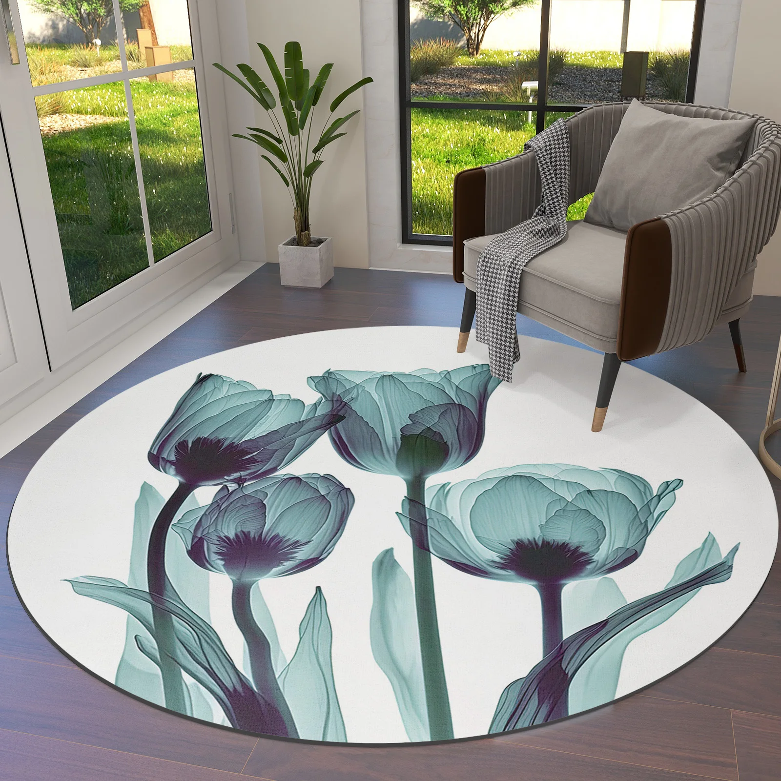 

Flower Tulip Transparent Ray Green Round Area Rug Carpets for Living Room Large Floor Mat Home Bedroom Kid Room Decoration