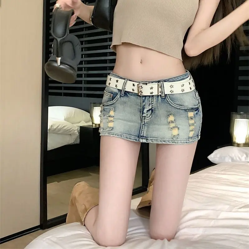 Women's Vintage Blue Washed Distressed Denim Skort Loose Fit High Waist Slimming Stylish Design Summer New Arrival 4
