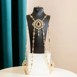 Luxury Bride Body Jewelery Moroccan Wedding Back Accessories Gold Color Crystal Shoulder ChainJewelery Kaftan Long Necklace