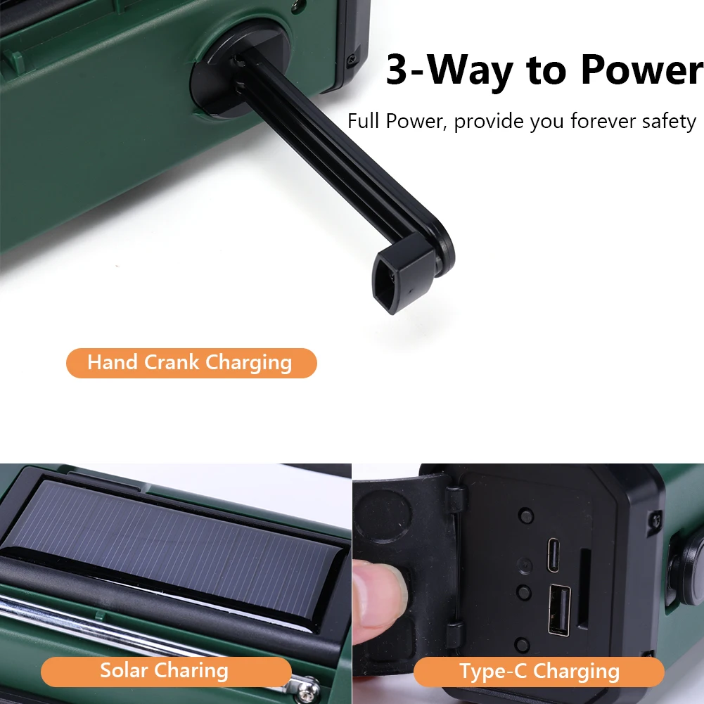 Solar Emergency Radio Hand Crank 10000mAh Type-C Rechargeable AM FM Receiver SOS Alarm Camping Survival Radios With Solar Panel