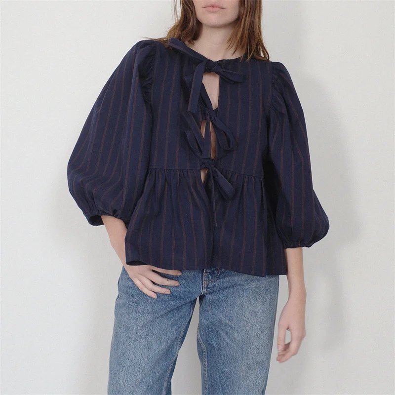 Camisas Y2K para mujer, ropa estética, elegante, color sólido/rayas, manga 3/4, cárdigan con lazo, blusa de los años 2000, ropa de calle