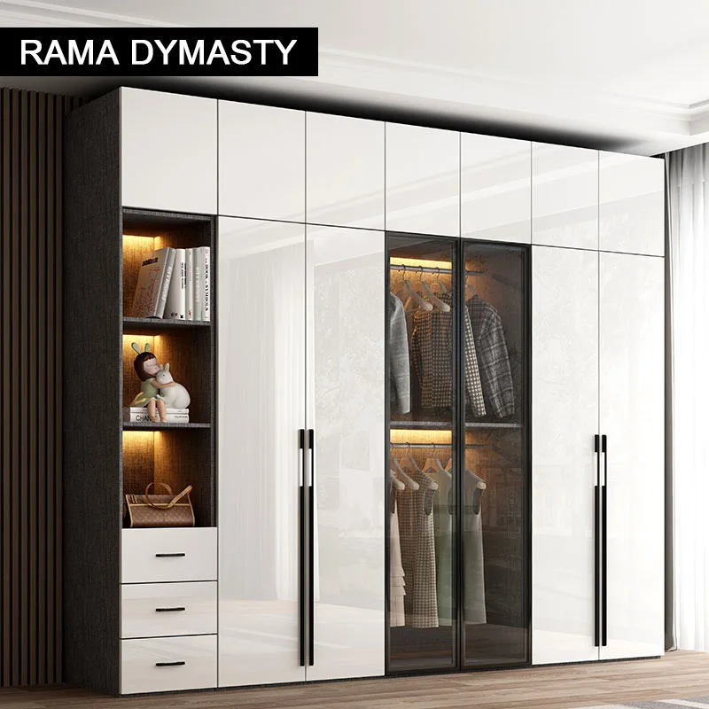 Modern minimalist high-gloss wardrobe bedroom swing door Nordic large glass door closet