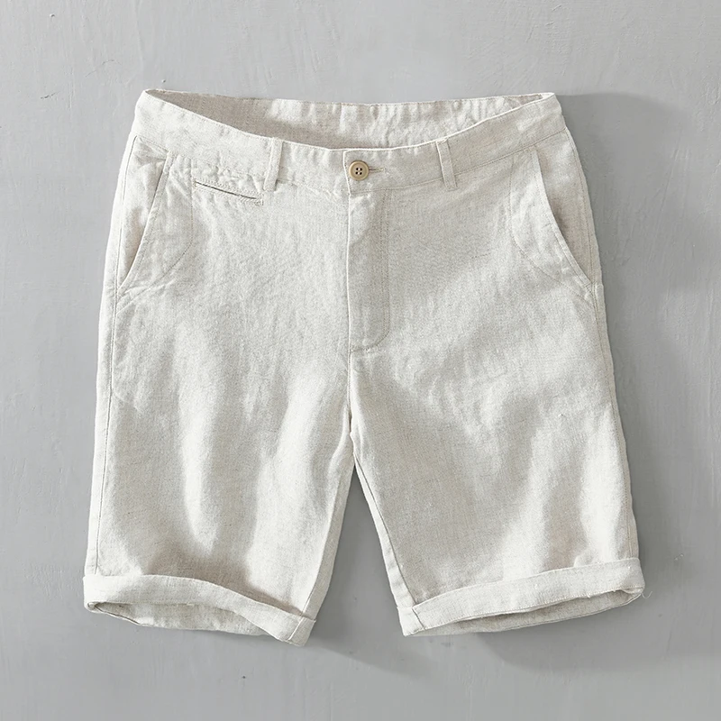 Pure Linen for Men 2024 Summer New Fashion Solid White Loose Holiday Shorts Man Casual Plus Size Button Fly Short Pants_voghion.com