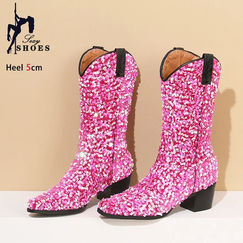 Women Sexy Western Boots Bling Bling Trends Party Chunk Heels Lady Shoes Fashion Pointed Nightclub Female Sequin Mid-Calf Boots