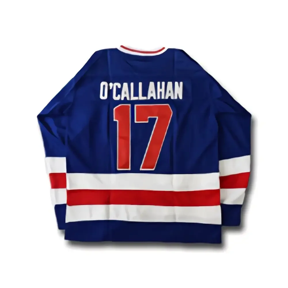 thumbnail image 1 of Camiseta de hockey sobre hielo cosida en azul y blanco del equipo de EE. UU. Miracle On Ice de 1980 con los números 30 de Jim Craig y 17 de Jack O'Callahan y 21 de Mike Eruzione, 1 of 5