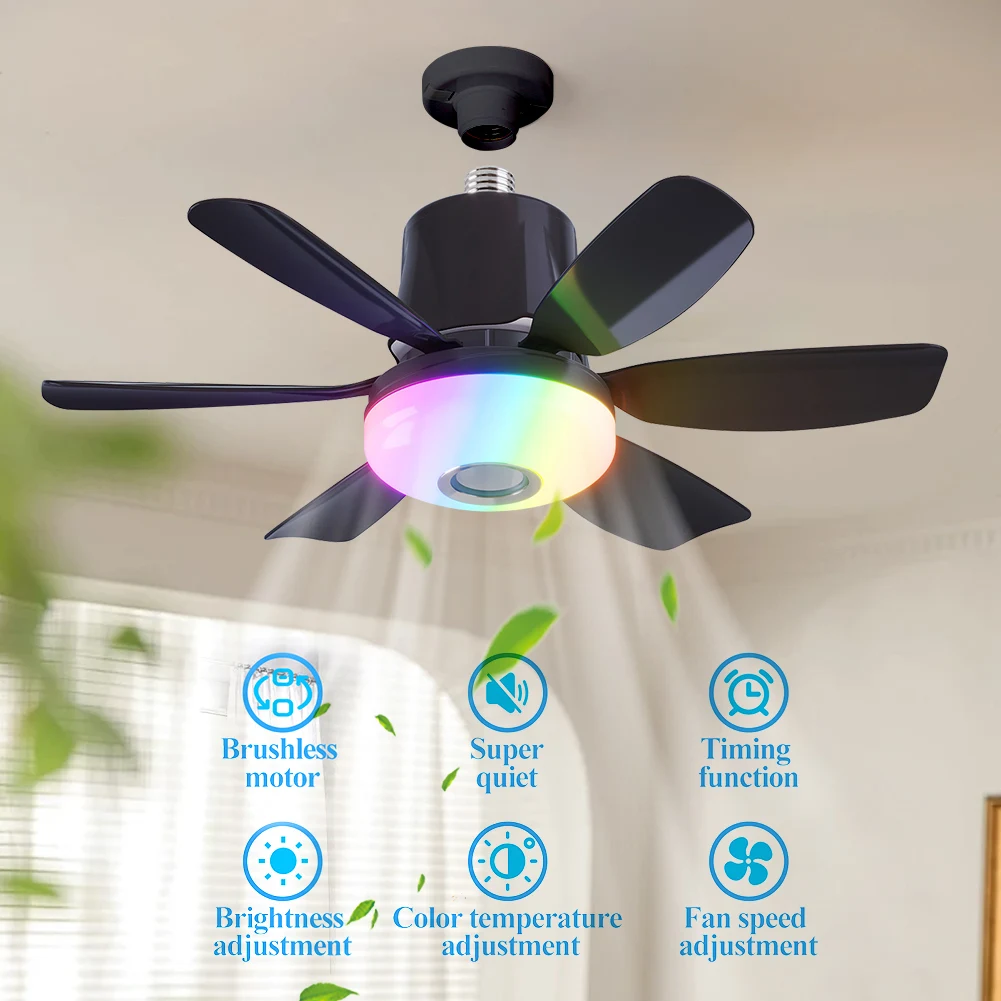 Socket Fan Light with Remote Modern Silent Ceiling Fan Adjustable Wind Speed Cordless Electric Fan Smart RGB LED Dimmable Fan